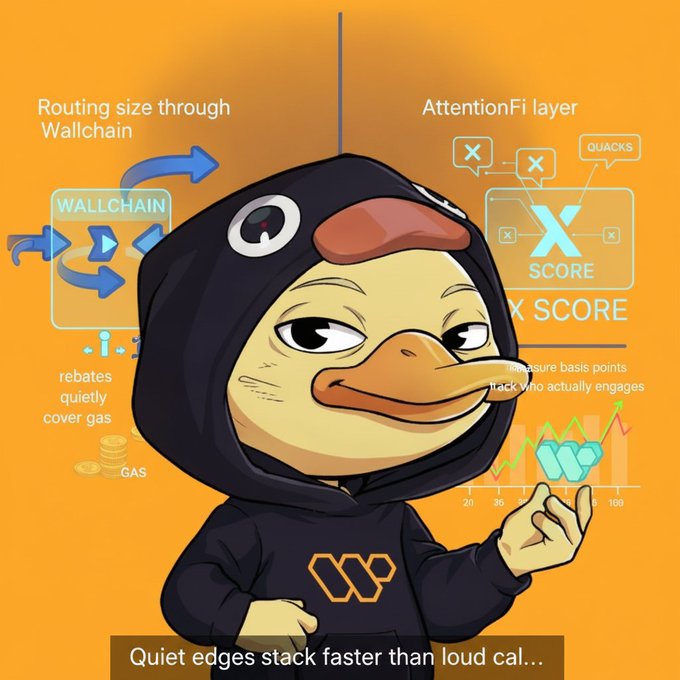 "The image shows a cartoon duck wearing a hoodie with the word 'wallchain' written on it. The duck is standing against an orange background that has text about routing size through Wallchain, the difference being small but compounding over time. The text also mentions rebates quietly cover gas and Quacks cut the noise."