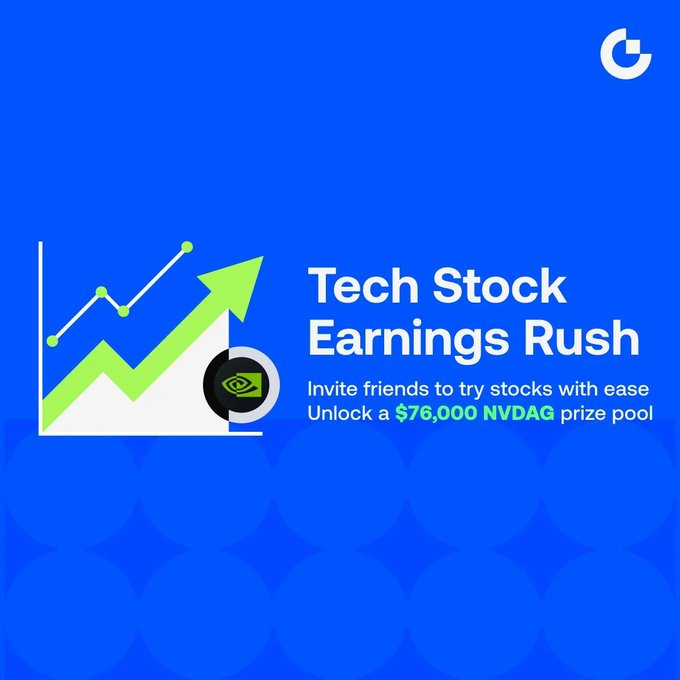 The image announces a "Tech Stock Earnings Rush" with an invitation to unlock a $76,000 NVDAG prize pool, reflecting the promotional content mentioning NVDAG rewards for inviting friends.