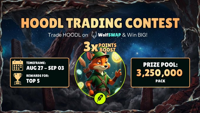 A 'HOODL Trading Contest' banner on WolfSwap featuring a fox mascot, with a timeframe of Aug 27 - Sep 03, rewards for the Top 5, and a prize pool of 3,250,000 PACK.