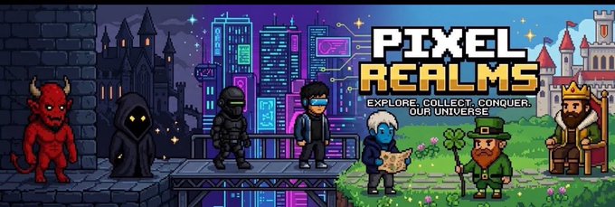 A pixel art banner for 'PIXEL REALMS' featuring various characters including a devil, grim reaper, ninja, hacker, wizard, leprechaun, and king, with the tagline 'EXPLORE. COLLECT. CONQUER. OUR UNIVERSE.'
