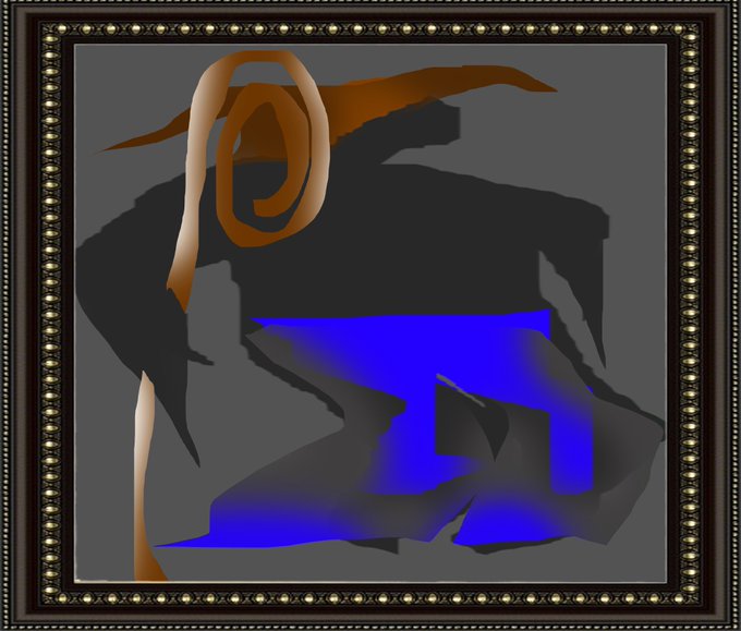 An abstract digital artwork featuring a dark silhouette figure with swirling orange ribbon-like elements and a large blue shape, all enclosed within an ornate decorative frame.