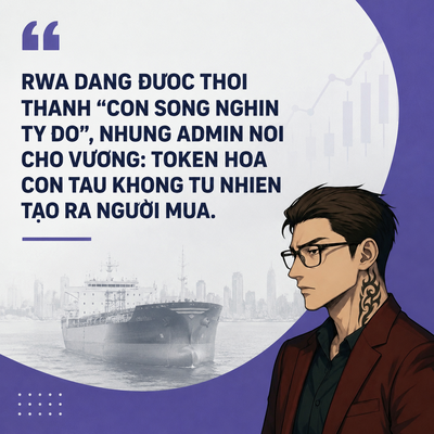 A graphic in Vietnamese about RWA (Real World Assets) becoming a billion-dollar trend, featuring an illustrated man in glasses and a ship, with text stating tokenizing ships doesn't naturally create buyers.