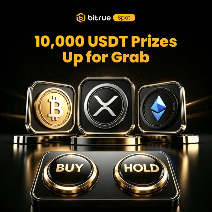 A promotional image for Bitrue Spot's "Buy & Earn Challenge" offering 10,000 USDT in prizes, featuring gold-framed displays of Bitcoin (BTC), XRP, and Ethereum (ETH) cryptocurrency logos above "BUY" and "HOLD" buttons, visually reinforcing the challenge's strategy of buying and holding crypto to build position and earn rewards.