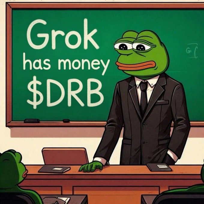 An illustration depicts a Pepe the Frog character dressed in a suit standing at a chalkboard that reads 'Grok has money $DRB', appearing to teach a class of smaller frogs.