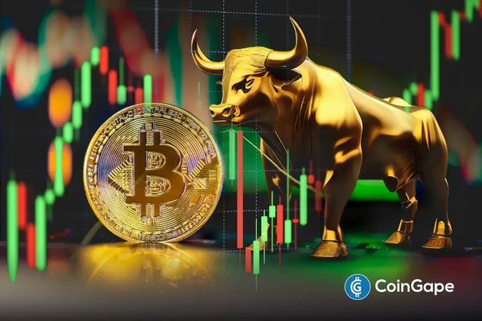 A golden Bitcoin coin stands beside a golden bull statue against a backdrop of green and red candlestick charts, symbolizing bullish market momentum tied to the post's optimistic price projections of $300K by 2029 and $1M by 2033, with the "CoinGape" logo visible in the bottom right corner.