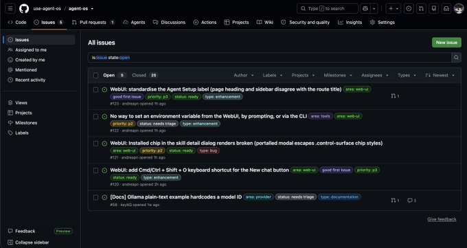 GitHub issues page screenshot for the 'agents-os' repository showing various open issues related to WebUI, Ollama, and Cmd/Ctrl shortcuts.