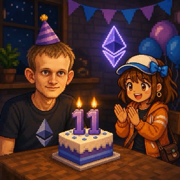 A cartoon-style birthday illustration featuring two characters celebrating with a cake displaying '11' candles and an Ethereum logo in the background.