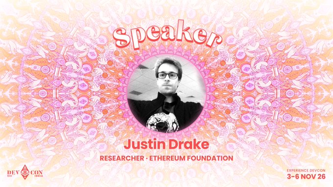 A speaker announcement graphic for Devcon SEA (November 3-6) featuring Justin Drake, Researcher at the Ethereum Foundation, displayed in a black-and-white portrait against an ornate pink mandala-style background. The "speaker" banner and event branding tie directly to his upcoming talk on post-quantum Ethereum security in the Core Protocol track.