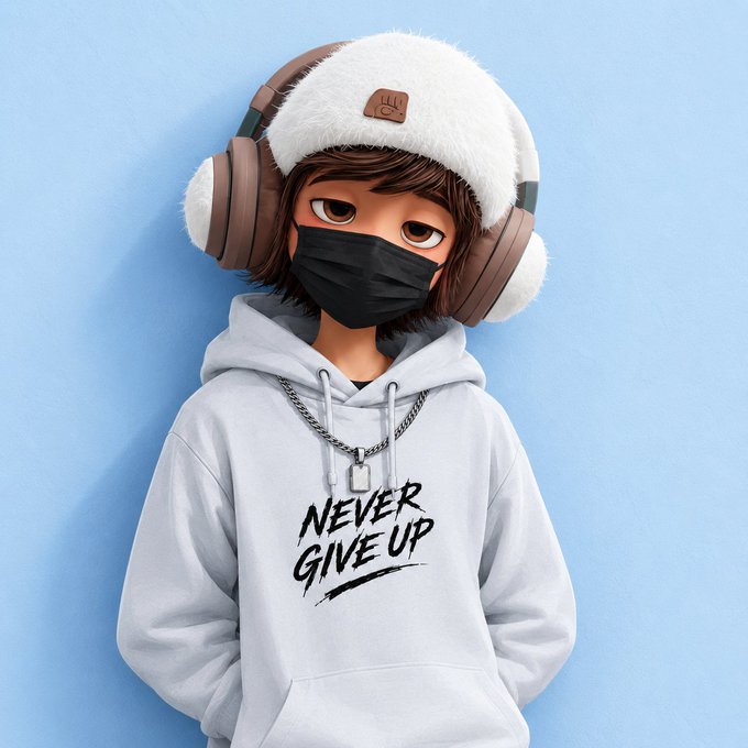 A 3D-rendered character with brown hair, wearing a white fuzzy ushanka hat with headphones, a black face mask, a silver chain, and a grey hoodie with 'NEVER GIVE UP' printed on it.