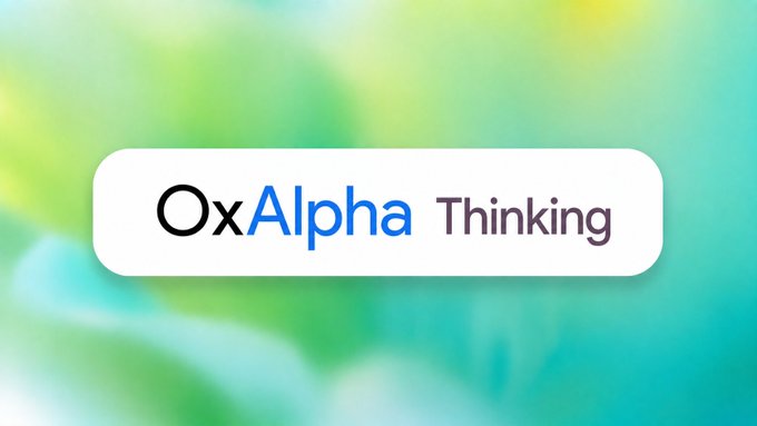 Logo design for 'OxAlpha Thinking' displayed in a white rounded rectangle against a blurred green and blue gradient background.