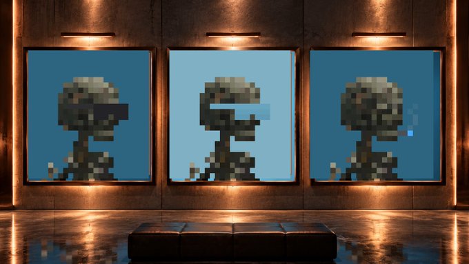A modern gallery interior displaying three framed pixel-art portraits of stylized skulls with sunglasses on a wooden wall, illuminated by overhead lights with a bench below.