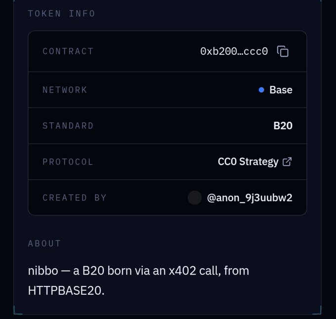 A token info card displays details for a B20 token on the Base network, with contract address 0xb200...ccc0, created by @anon_9j3uubw2 using the CC0 Strategy. The image aligns with the post's message, showing how a token ("nibbo") was launched via the $HTTPBASE20 protocol on Base, illustrating the "http internet revolution" being described.