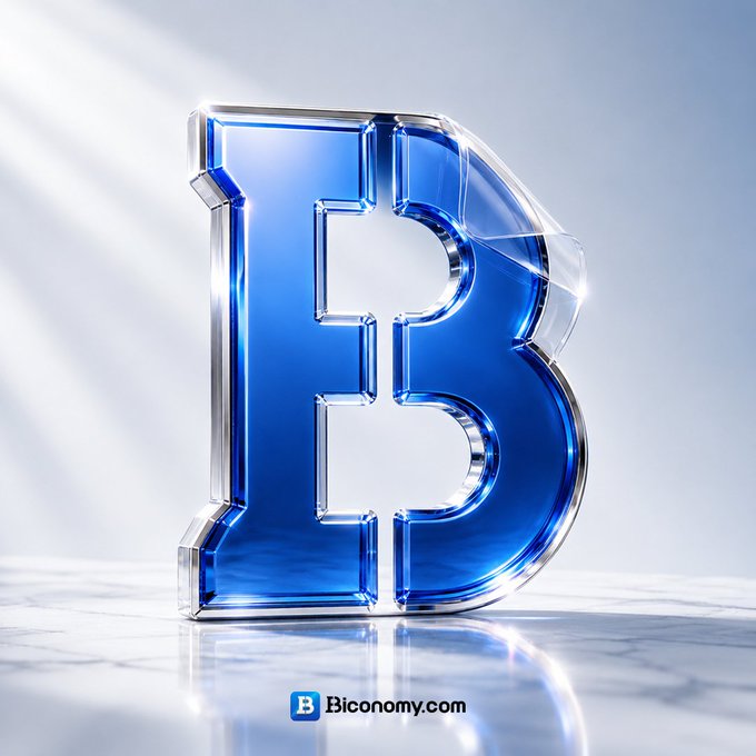 A large, glossy blue 3D letter 'B' sits on a marble surface with the 'B Biconomy.com' logo at the bottom.