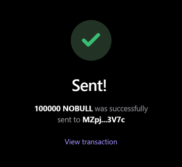 A successful transaction screen confirms that 100,000 $NOBULL tokens were sent to a recipient wallet, likely illustrating an airdrop reward for early participants of the $NOBULL Solana token promotion. The "View transaction" link invites users to verify the transfer on-chain.