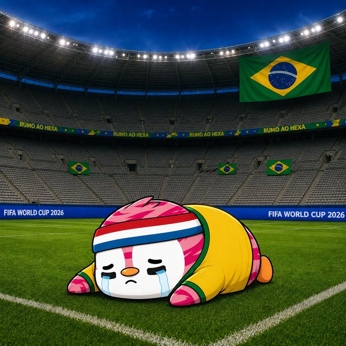A crying, defeated pink-and-white cat-like mascot wearing a Brazil-themed headband and yellow jersey, lying face-down on a soccer field inside a large stadium decorated with Brazilian flags and 'FIFA WORLD CUP 2026' banners reading 'RUMO AO HEXA'.