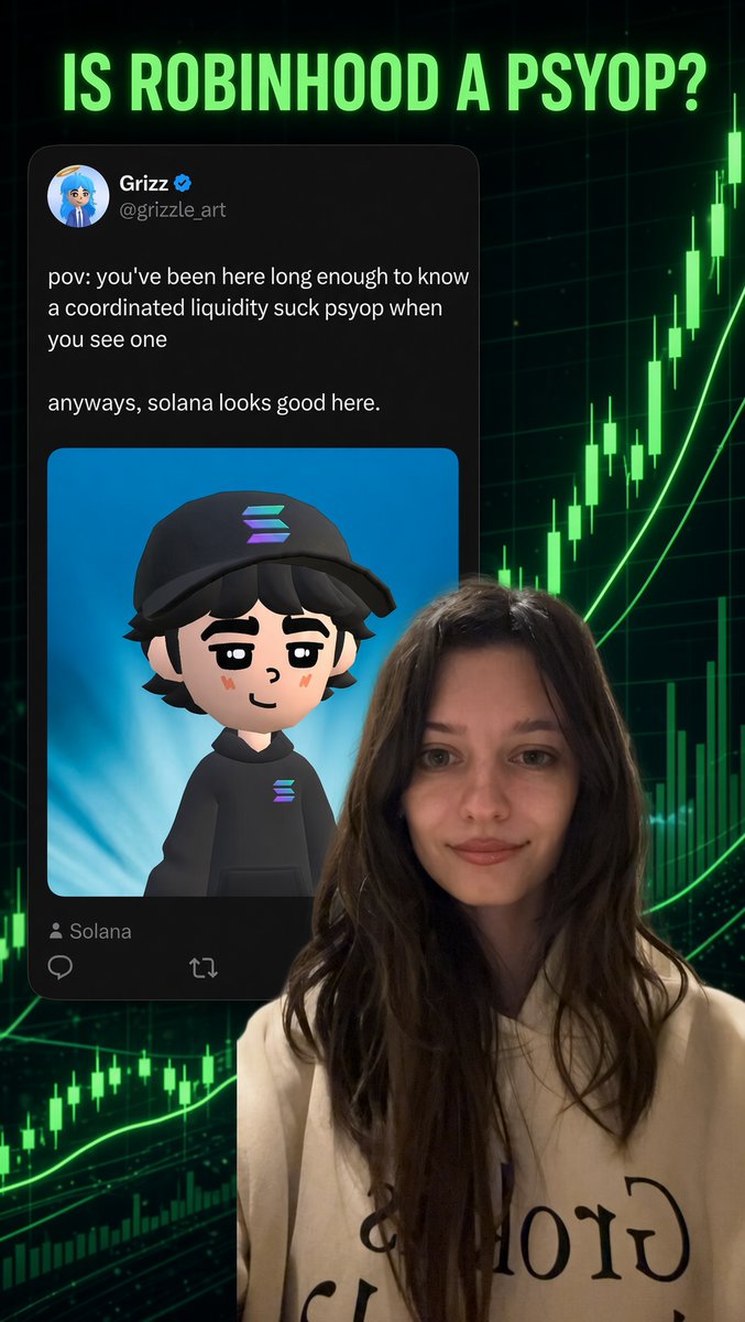 A woman stands in front of a green stock chart backdrop with a tweet from @grizzle.art asking "IS ROBINHOOD A PSYOP?" while commenting that "solana looks good here" alongside an anime-style avatar wearing a Solana hat. The accompanying caption suggests this mirrors the Ethereum community's dismissive reaction in late 2023 when Solana began gaining meme coin volume, implying skeptics may once again miss out on profits.