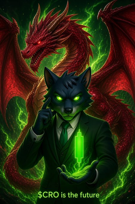A vibrant digital illustration featuring a wolf-headed character in a black suit with glowing green eyes, holding a glowing green battery symbol, backed by a large red dragon with green energy swirling around them, with text reading '$CRO is the future'.