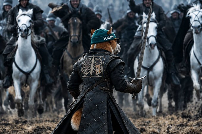 A fantastical digital artwork showing a Shiba Inu dog wearing medieval armor and a teal beanie hat, holding a sword while facing a cavalry of armored horse riders.