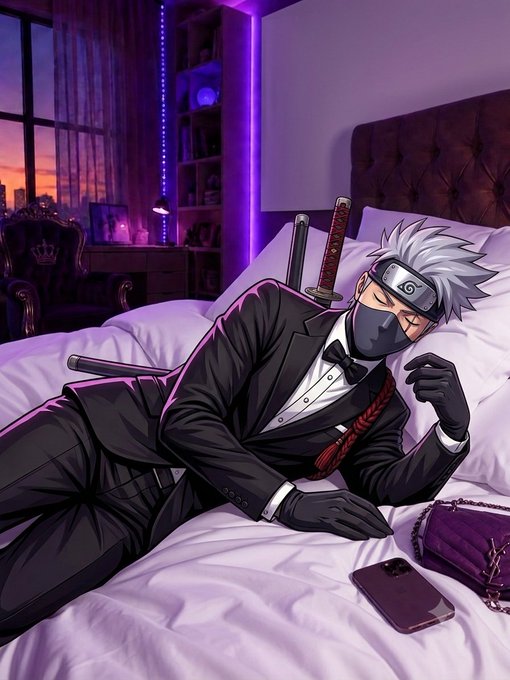 An anime-style illustration shows a silver-haired ninja character wearing a black tuxedo and mask, lying on a bed with swords strapped to his back, with a smartphone and quilted handbag beside him in a purple-lit room.