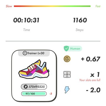 A STEPN app interface displaying a 'Trainer Lv30' sneaker with 97/100 durability, earning +0.67 GST, with 00:10:31 Time and 1160 Steps shown above a 'Slow to Fast' gradient bar.