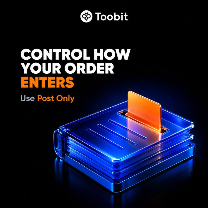 A sleek Toobit promotional graphic featuring the headline "CONTROL HOW YOUR ORDER ENTERS" and "Use Post Only" alongside a glowing blue 3D render of an order book with an orange card being inserted into a slot, visually reinforcing how the Post Only feature places your order onto the book only as a maker.