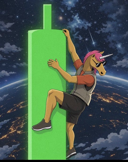 An illustrated muscular unicorn with a pink mane and sunglasses rock-climbing a bright green pillar against a backdrop of Earth and starry space.