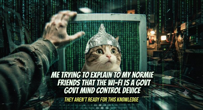 A conspiracy-style meme features a cat wearing a tin foil hat in front of a computer with Matrix-style green code, captioned 'ME TRYING TO EXPLAIN TO MY NORMIE FRIENDS THAT THE WI-FI IS A GOVT GOVT MIND CONTROL DEVICE' and 'THEY AREN'T READY FOR THIS KNOWLEDGE'.