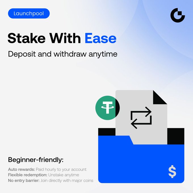 A clean and visually striking advertisement for Gate Launchpool's "Stake With Ease" feature, highlighting flexible, beginner-friendly staking with auto hourly rewards, anytime unstaking, and easy access using major coins like USDT and BTC. The minimalist blue and white design reinforces the message of simplicity and liquidity.