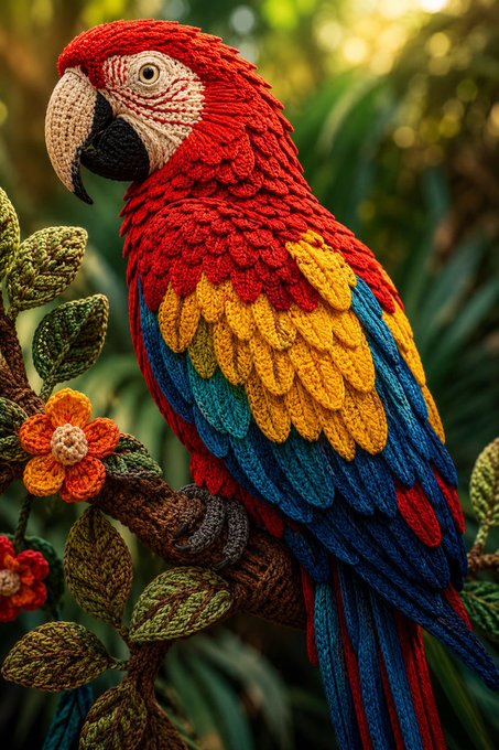 A colorful image of a crocheted or knitted red, yellow, and blue parrot perched on a branch with leaves and an orange flower.