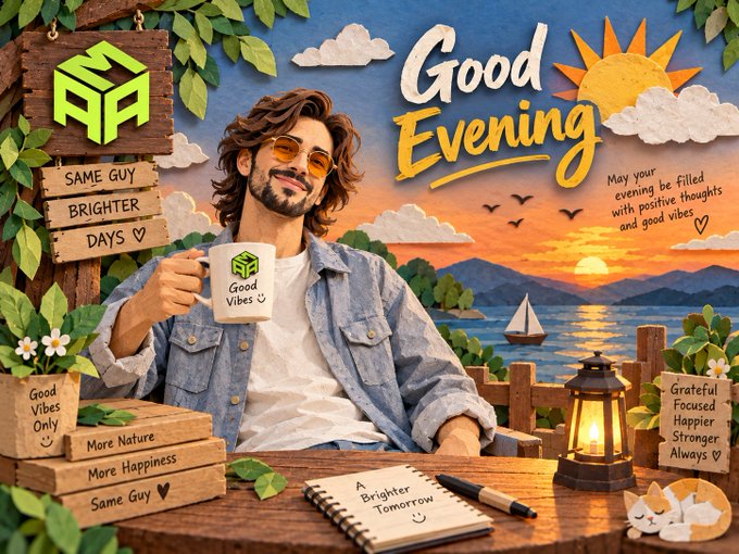 An illustrated promotional graphic with the text 'Good Evening' and 'Good Vibes Only' featuring a man holding a branded mug in a scenic outdoor setting with sunset and lake views.