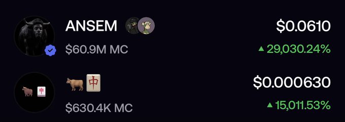 The image displays two meme coins: $ANSEM with a $60.9M market cap, priced at $0.0610 and up 29,030.24%, and an unnamed coin featuring animal/Mahjong tile emojis with a $630.4K market cap, priced at $0.000630 and up 15,011.53%. The post suggests that despite traders focusing on the $ANSEM runner, the author recommends $PUMPCADE as a "real" alternative investment over PVP (player vs. player) memecoin trading.