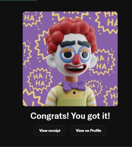 The image displays a digital collectible receipt featuring a 3D cartoon clown with red hair and a yellow-and-white striped shirt against a purple background filled with "HA HA" starbursts. The text "Congrats! You got it!" appears below, along with buttons for "View receipt" and "View on Profile," celebrating the user's successful mint of a whitelist spot for @888s_Society and the Onchainotaku collaboration.