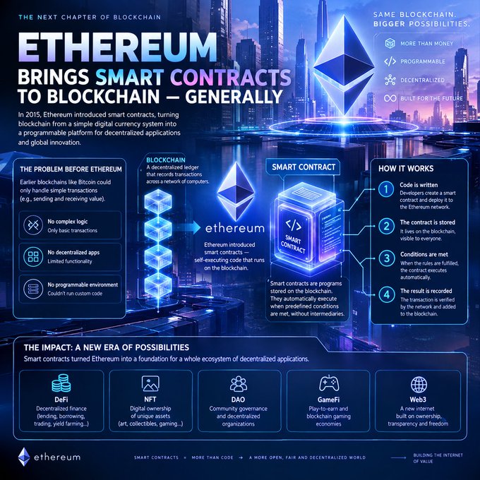An Ethereum infographic titled 'ETHEREUM BRINGS SMART CONTRACTS TO BLOCKCHAIN' explaining smart contracts, their benefits (decentralized, programmable), how they work (code is written, contract is stored, conditions are met, result is recorded), and their impact on DeFi, NFT, DAO, GameFi, and Web3.