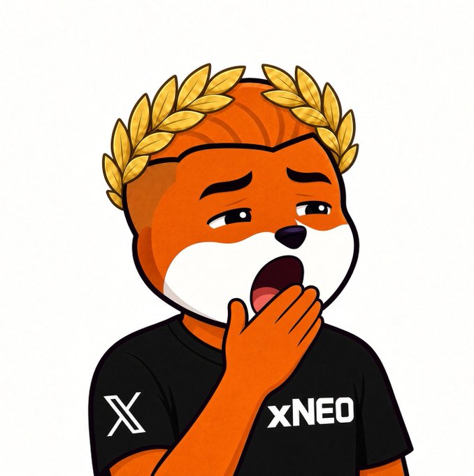 A cartoon mascot character with an orange and white fox-like face wearing a golden laurel wreath and a black t-shirt with the 'X' and 'xNEO' logos, appearing to yawn.