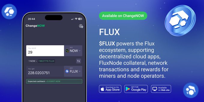 Promotional graphic for FLUX cryptocurrency available on ChangeNOW, showing a mobile app interface for swapping NOW to FLUX with a rate of 7.6027716 FLUX per 1 NOW.