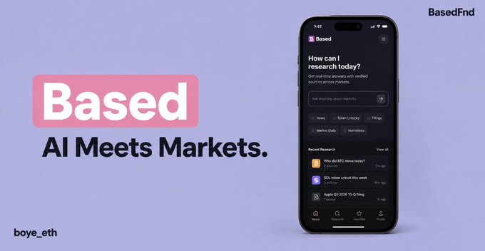 A promotional graphic for 'Based' app featuring text 'Based - AI Meets Markets' and 'BasedFnd' alongside a smartphone mockup showing a research interface.