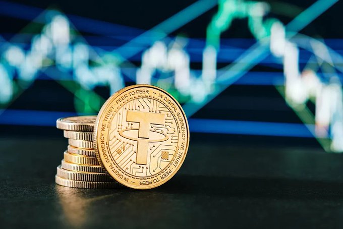 A stack of gold Tether (USDT) cryptocurrency coins displayed against a backdrop of a digital financial chart with blue and green lines.