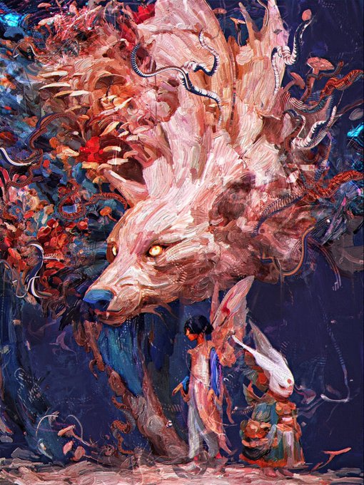 A vivid, textured painting of a majestic, fox-like spirit creature with glowing yellow eyes, swirling flora, and serpentine creatures intertwining around its form, set against a deep blue background, reflecting the mythological, otherworldly tone of the Muori NFT world.