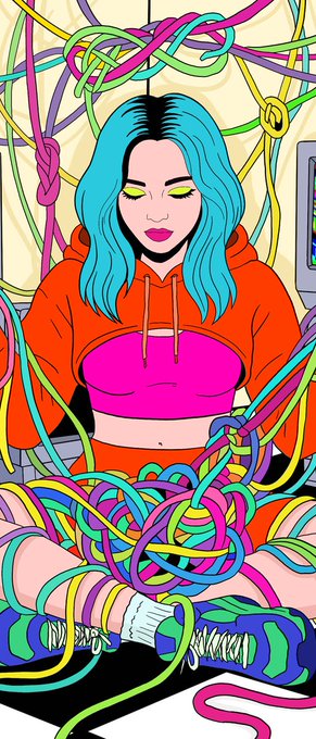 A pop-art illustration of a woman with bright blue hair and neon yellow eyeshadow, wearing an orange and pink outfit, sitting entangled in colorful tangled cords or shoelaces.