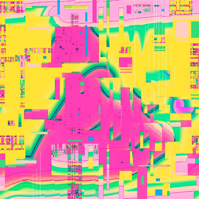A glitch art or digital distortion piece with neon colors and pixelated shapes, heavily corrupted with streaks of pink, yellow, and green.