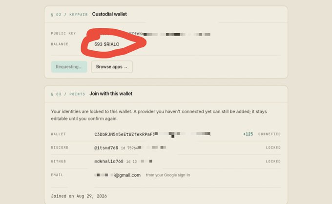A screenshot shows a custodial wallet interface with a balance of "593 $RIAIO" circled in red, along with sections for keypair details and a "Join with this wallet" section.