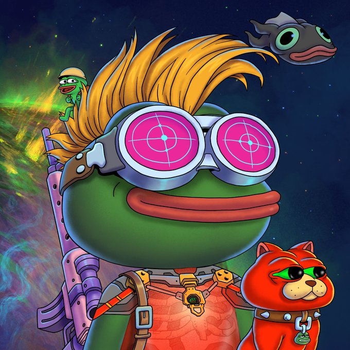 A colorful cartoon illustration featuring a green frog-like character with pink goggles and blonde hair, accompanied by a small green creature, a red cat-like character, and a dark fish-like creature, set against a cosmic backdrop.