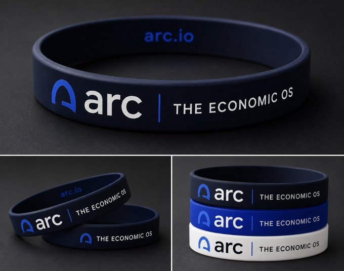Promotional product image showing navy blue silicone wristbands with 'arc.io', 'arc | THE ECONOMIC OS' branding in blue, black, and white color variants.