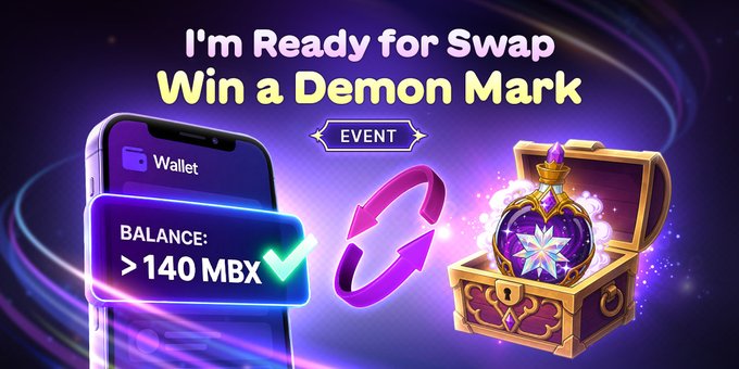 A promotional graphic for an "I'm Ready for Swap - Win a Demon Mark" event, featuring a smartphone displaying a wallet balance exceeding 140 MBX with a green checkmark, swap arrows, and an ornate treasure chest containing a glowing Demon Mark.
