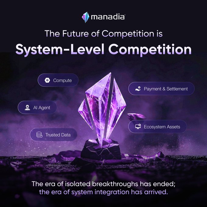 A promotional graphic for "manadia" titled "The Future of Competition is System-Level Competition," featuring a glowing purple crystal centerpiece surrounded by labels for "Compute," "AI Agent," "Trusted Data," "Payment & Settlement," and "Ecosystem Assets." The tagline at the bottom reads, "The era of isolated breakthroughs has ended; the era of system integration has arrived," visually reinforcing the post's message about unifying next-gen tools into one seamless operating system.