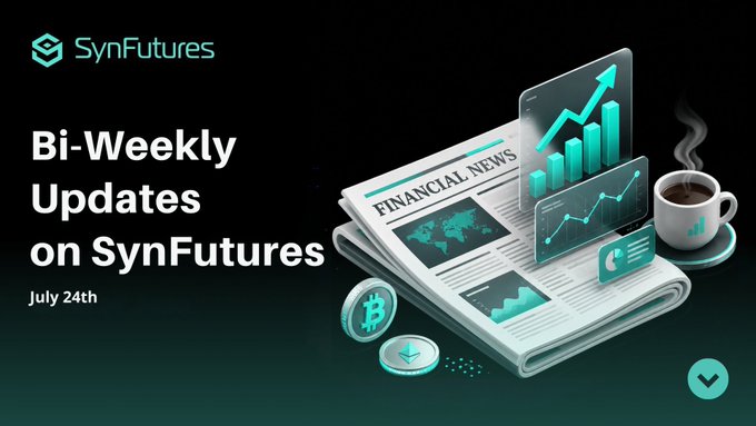 The image is a promotional graphic for "SynFutures Bi-Weekly Updates" dated July 24th, featuring the SynFutures logo, a financial newspaper, rising bar/line charts, a coffee cup, and cryptocurrency coins (Bitcoin and Ethereum) on a dark background. It visually represents the project's bi-weekly progress update, tying into the post's summary of recent technical fixes and infrastructure improvements.