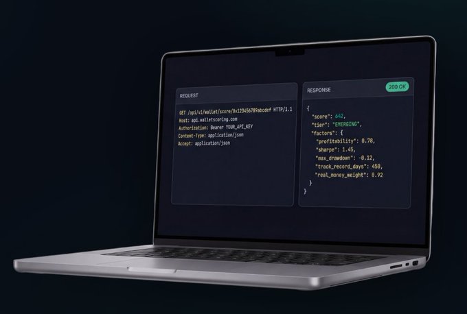 An open laptop displayed against a dark background, showing a code editor with a 'REQUEST' panel containing an API call to api.wallstfororig.com and a 'RESPONSE' panel displaying a 200 OK status with JSON data including 'prefitability' and 'real_money_pnl'.