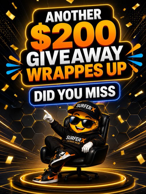 A flashy promotional poster reading 'ANOTHER $200 GIVEAWAY WRAP UP - DID YOU MISS' featuring a sunglasses-wearing emoji character in a SURFER X hoodie and Nike sneakers.