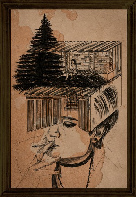 A surreal ink and watercolor drawing framed in dark wood depicts a profile of a woman smoking a cigarette, with a small seated figure, a pine tree, and a house built on top of her head, set against an aged, stained paper background.