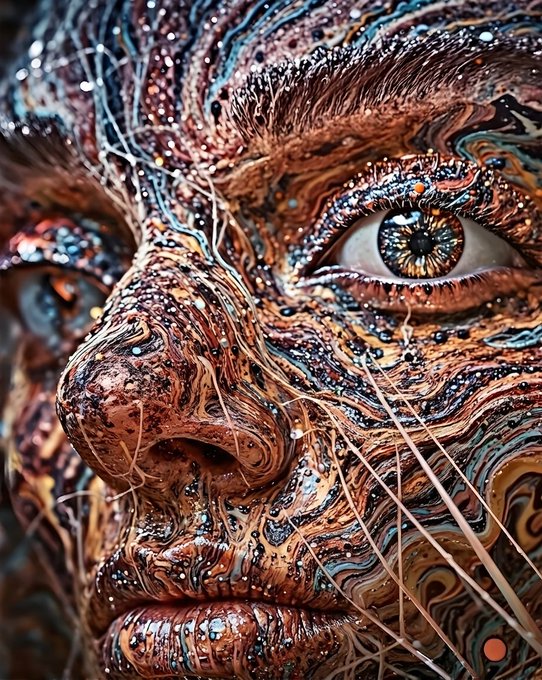 A highly detailed, surreal digital artwork of a face with swirling, metallic textures in copper and blue tones, featuring striking amber eyes and thin wire-like strands crossing the features.